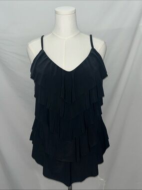 Black Ruffled Swim Bikini Top with Spaghetti Straps